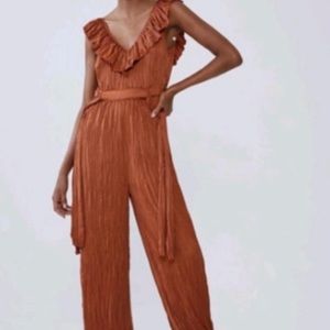 Zara Bronze Crinkle Ruffle Side Tie wide leg jumpsuit, size medium.